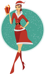 Sexy girl Santa holding Christmas gift