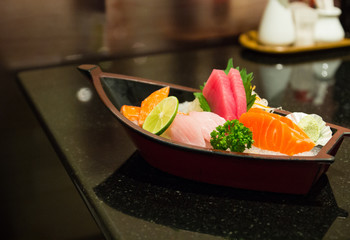 the sushi set composing of tuna, salmon , imitating crab stick