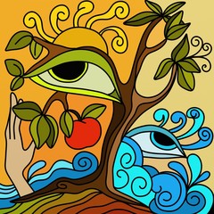 illustration abstraite avec pommier et mère nature