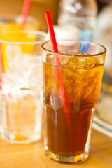 Lemon tea with ice in a glass