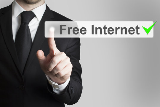 businessman pushing flat button free internet green checked