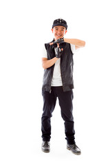 model isolated on plain background hand gesture break sign