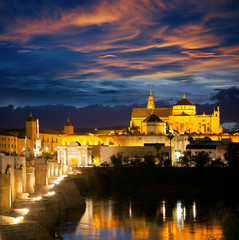 Fototapeta na wymiar Famous Mosque (Mezquita) and Roman Bridge at beautiful night,