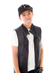 model isolated on plain background face sticking tongue out