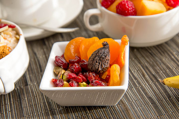 nutritious oatmeal and dried fruit breakfast setting