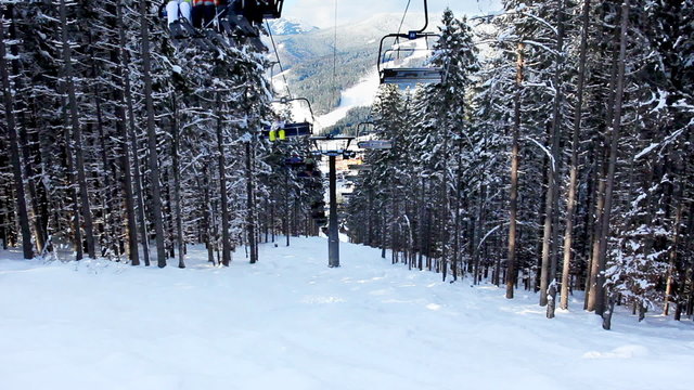skiers going up on hoist through dark forest above snow mountain