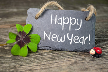 Naklejka premium Kreidetafel mit Kleeblatt und Marienkäfer