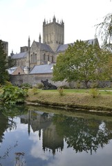 Wells cathedral and water reflections