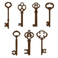 vintage keys for doors brown color on a white background
