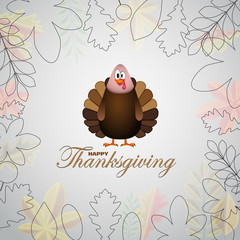 Happy Thanksgiving cartoon turkey with leaves - card vector illu