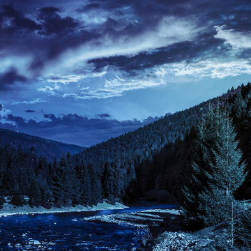 forest river in mountains at night