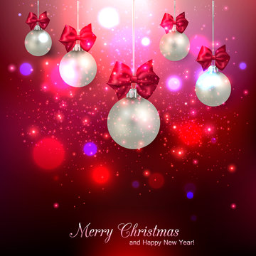 Shining red Christmas background with silver balls and place for