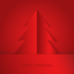 Christmas vector greeting card. Red paper tree and Merry Christm