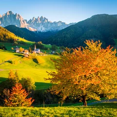 Abwaschbare Fototapete Dolomites Alps, Val di Funes, Autumn landscape © ronnybas