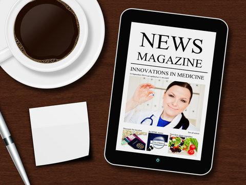 Tablet With News Magazine, Cup Of Coffee, Pen And White Sheet