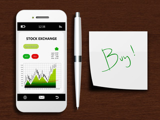 mobile phone with stock exchange screen, pen and buy note