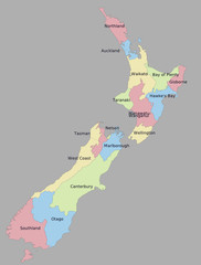 Highly detailed political New Zealand map