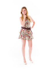 model isolated on plain background thinking