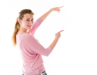 model isolated on plain background looking at camera pointing