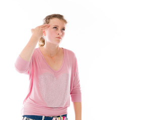 model isolated on plain background hand gesture gun