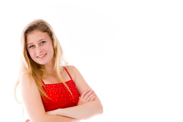 model isolated on plain background happy smiling arms crossed