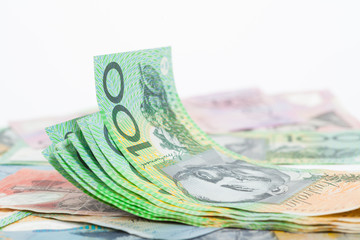 Australian Dollar banknotes on white background