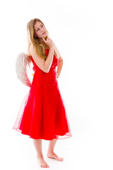 model isolated on plain background thinking