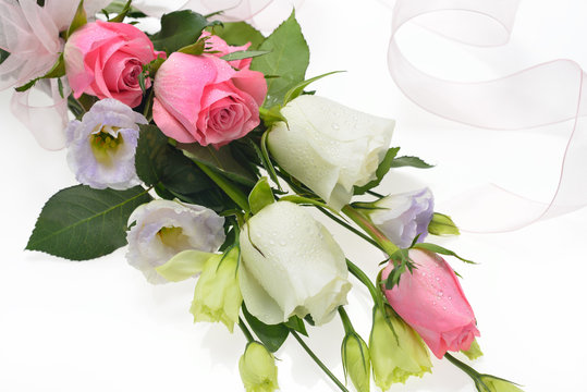Bouquet of rose flowers tied with ribbon on white background
