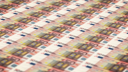 Money printing animation background with 50 euros bills