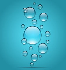 Transparent water droplets on blue background
