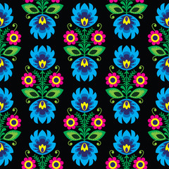 Seamless traditional floral Polish folk art pattern on black