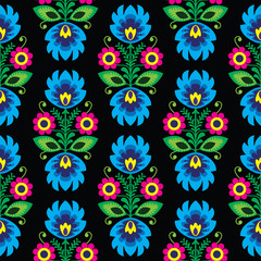 Seamless traditional floral Polish folk art pattern on black