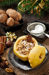 Baked apple with nuts, honey and oat flakes