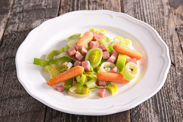 leek, carrot and bacon