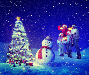 Christmas Tree Family Snowman Celebration Concept