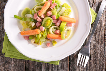 leek, carrot and bacon