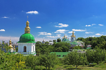Fototapeta na wymiar On the territory of famous Pechersk Lavra Monastery in Kyiv