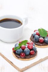 mini cakes with chocolate cream and berries and a cup of coffee