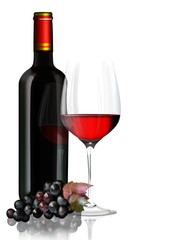 Rotweinglas mit Rotweinflasche, Weintrauben freigestellt