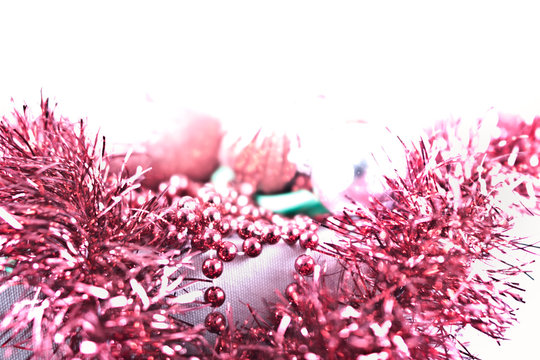 Red Garland, Beads, and Ornaments on Overexposed Background