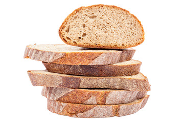Stack of slices of bread isolated on white background.