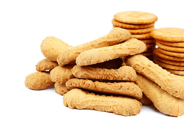 Stack of cracker biscuits on a white background.