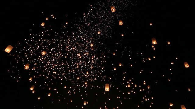 Floating lanterns in Yee Peng Festival. Chiangmai, Thailand.