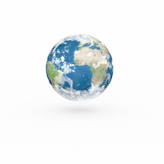 3D Earth model on white background with shadow.