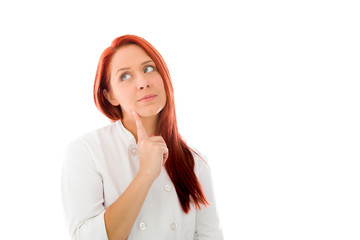 model isolated on plain background thinking
