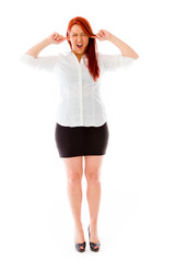 Fototapeta premium model isolated on plain background plugging ears with fingers