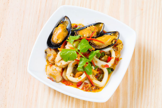 Thai style spicy stir fried seafood