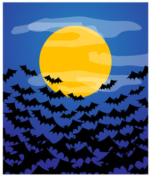 Flying Bats in Moon Light Background
