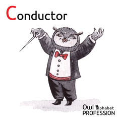 Alphabet professions Owl Letter C - Conductor Vector Watercolor.