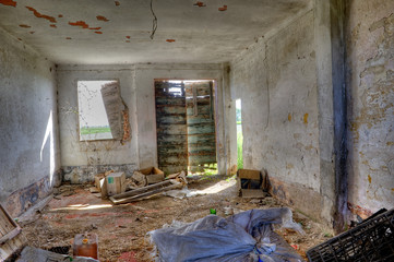 Abandoned, derelict building interior.